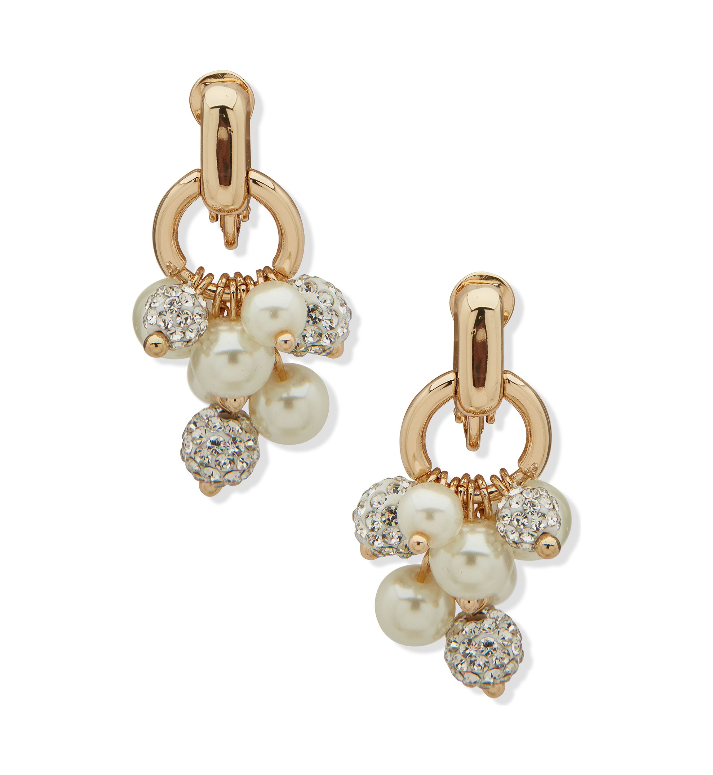 Gold Tone Pearl Crystal Shaky Cluster Drop EZ Comfort Clip Earrings