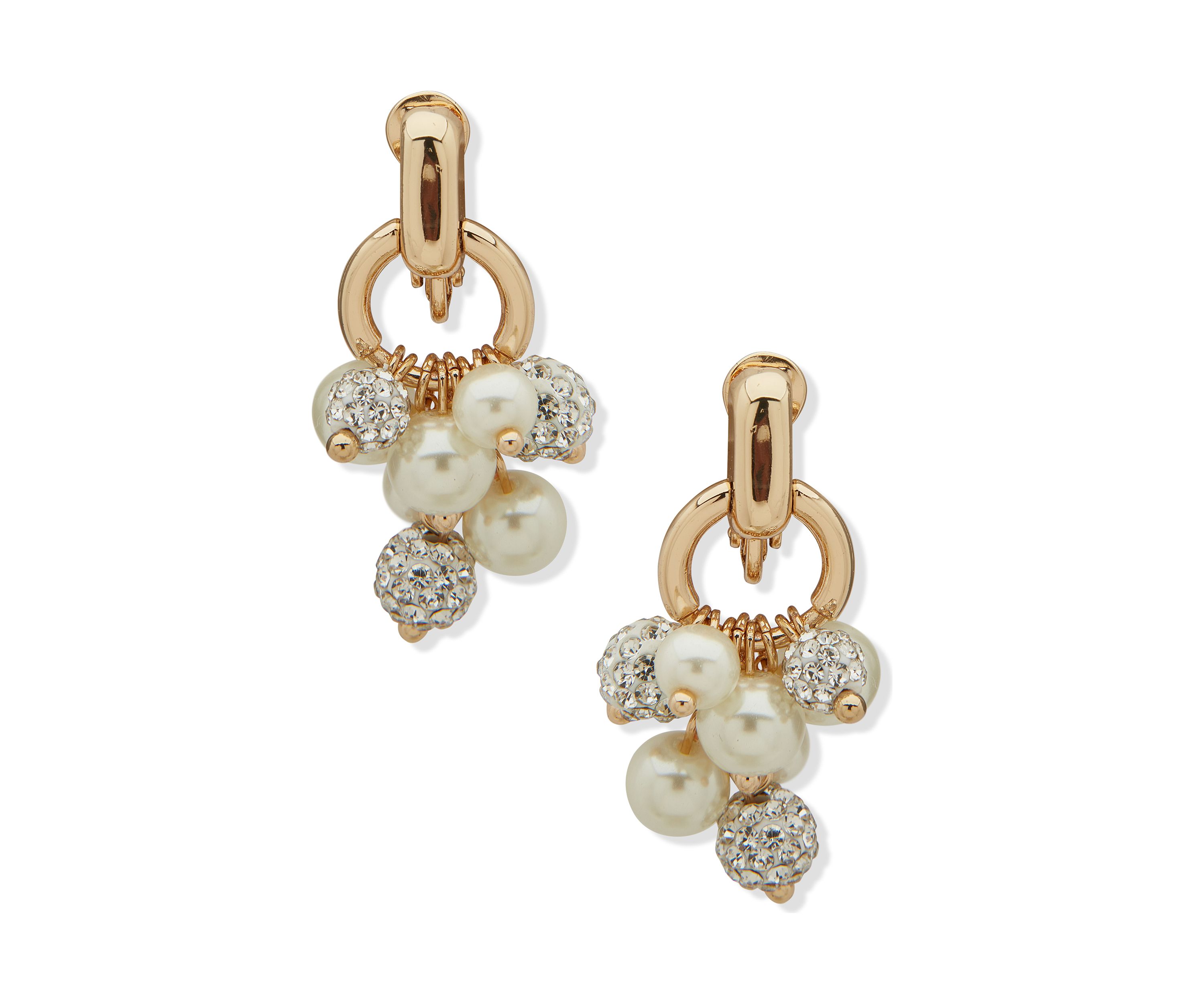 Gold Tone Pearl Crystal Shaky Cluster Drop EZ Comfort Clip Earrings