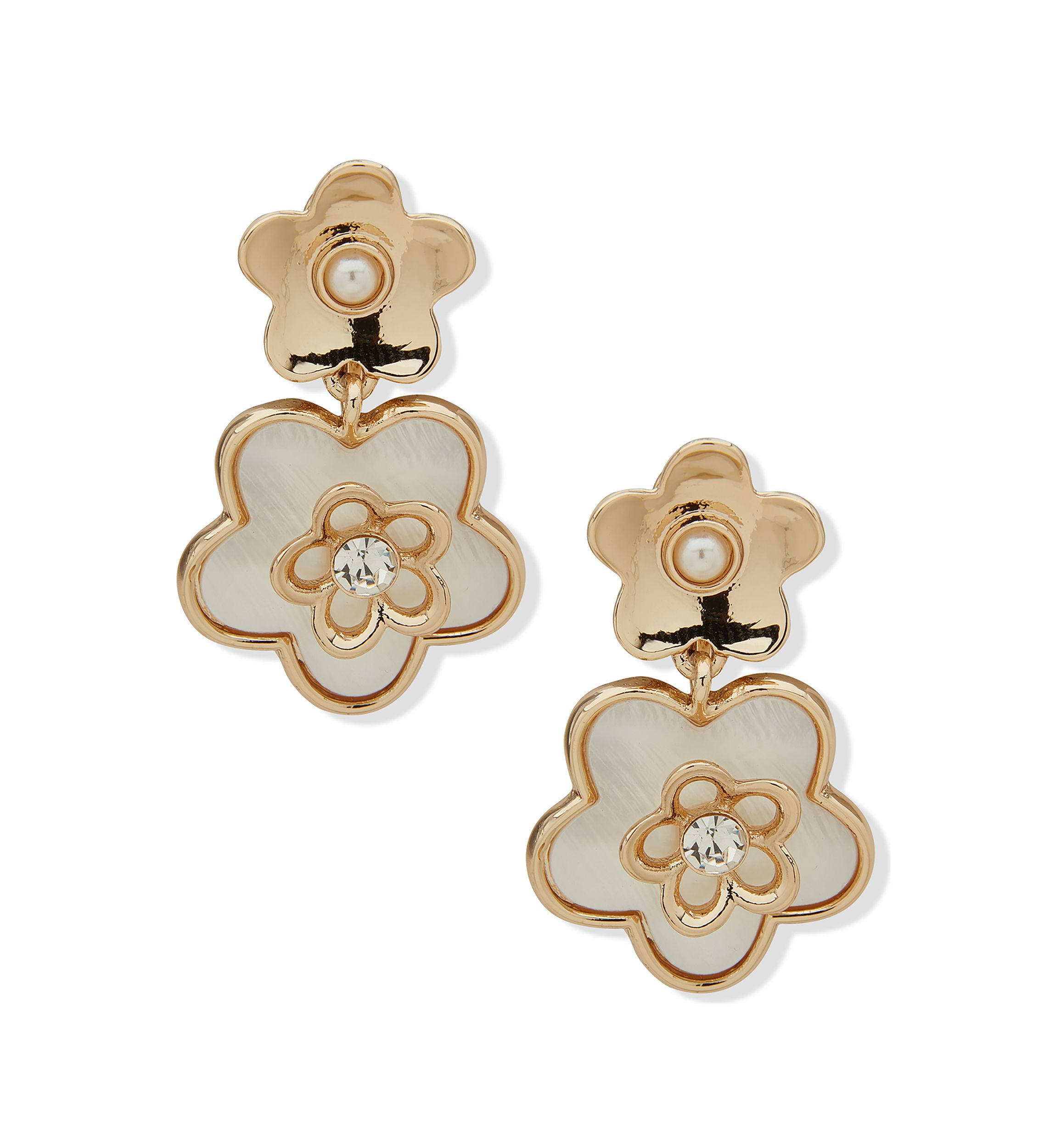 Gold Tone Pearl Double Flower Drop EZ Comfort Clip Earrings