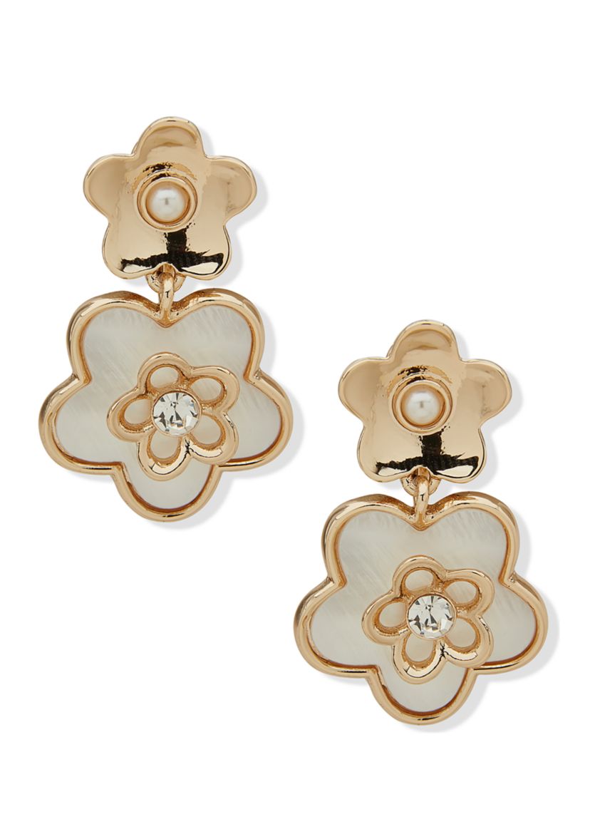 Gold Tone Pearl Double Flower Drop EZ Comfort Clip Earrings