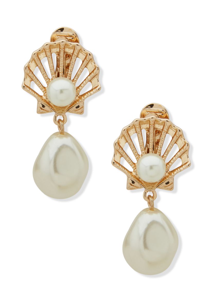 Gold Tone Pearl Shell Motif Drop EZ Comfort Clip Earrings