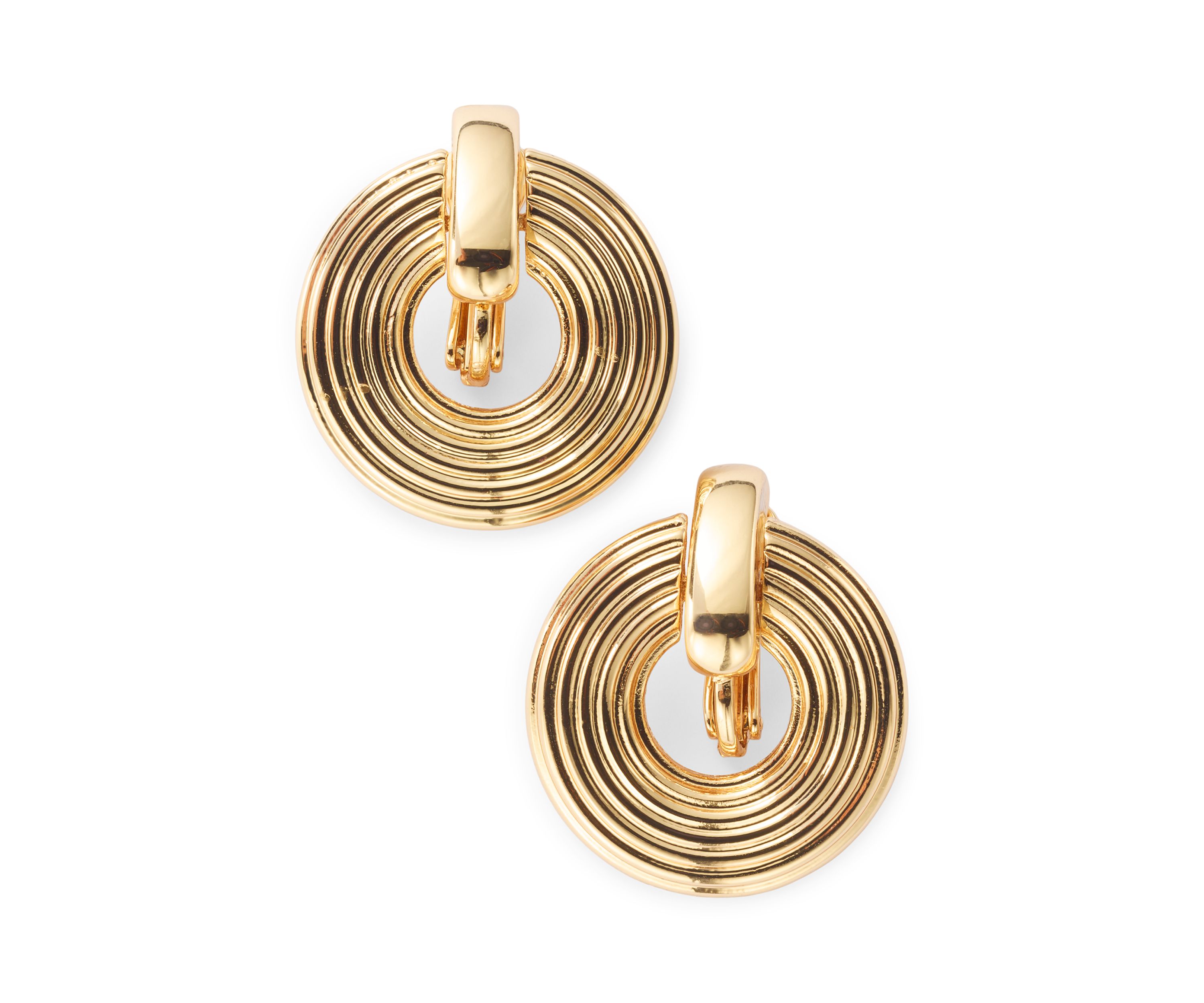 Gold Tone Ribbed Doorknocker Earrings