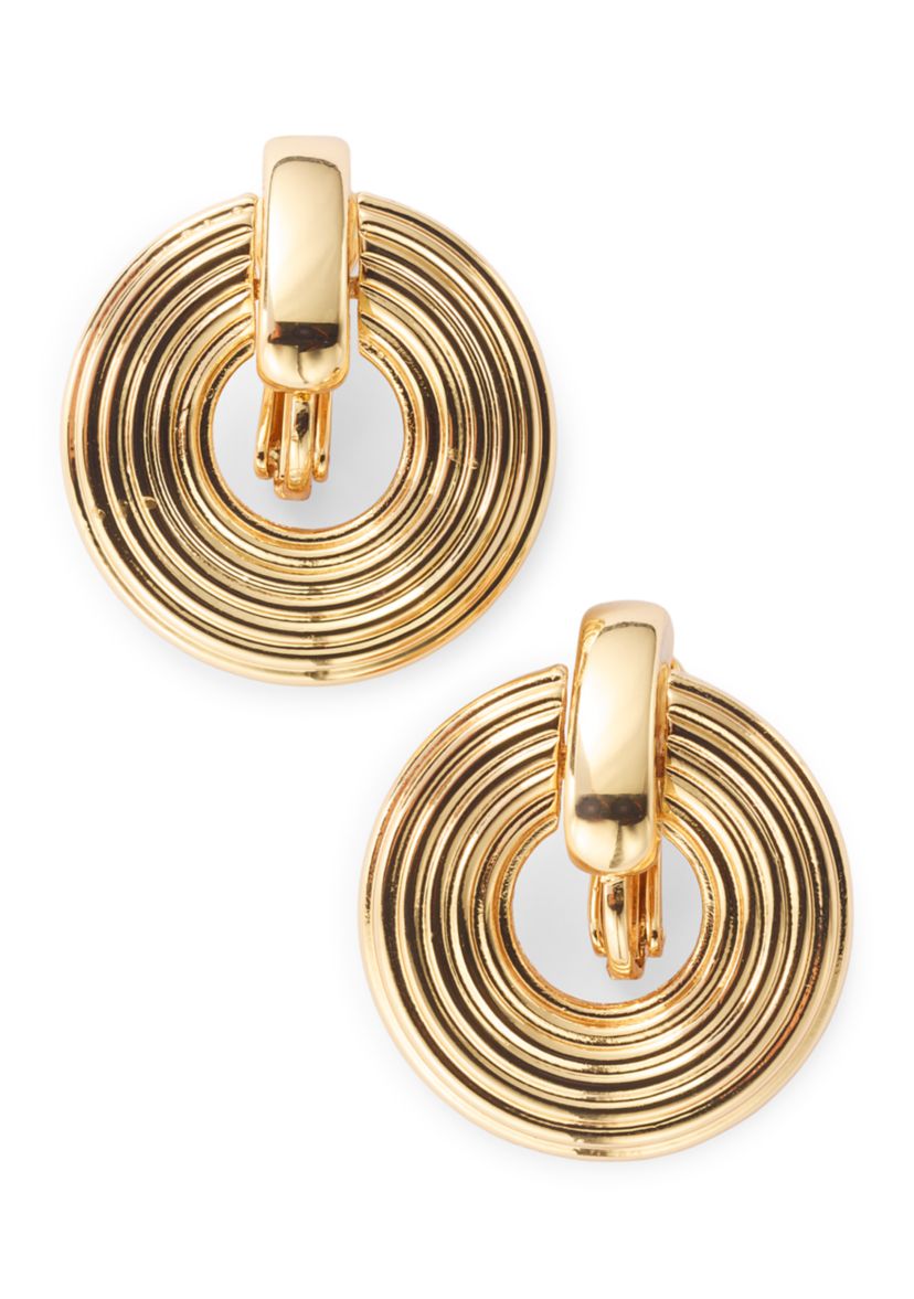 Gold Tone Ribbed Doorknocker Earrings