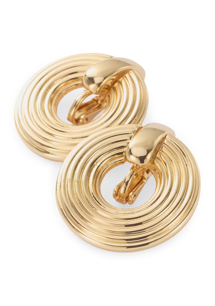 Gold Tone Ribbed Doorknocker Earrings