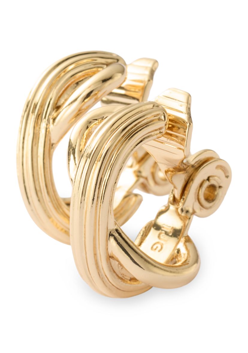 Gold Tone Ribbed Texture Criss Cross C Hoop Earrings