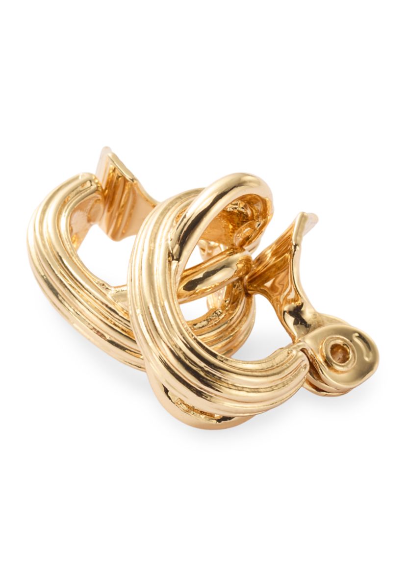 Gold Tone Ribbed Texture Criss Cross C Hoop Earrings