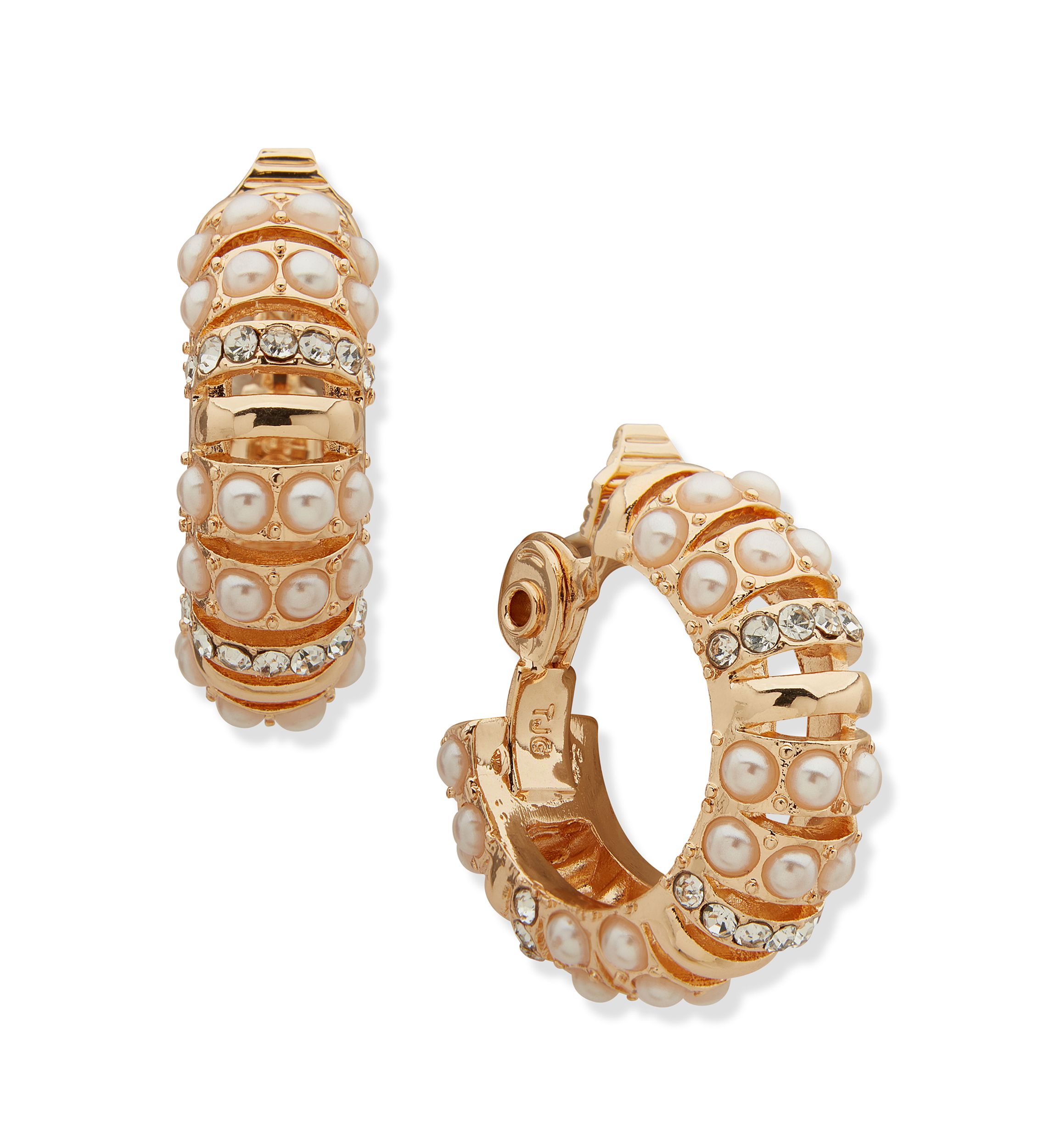 Gold Tone 28mm White Pearl Tube Hoop Earrings