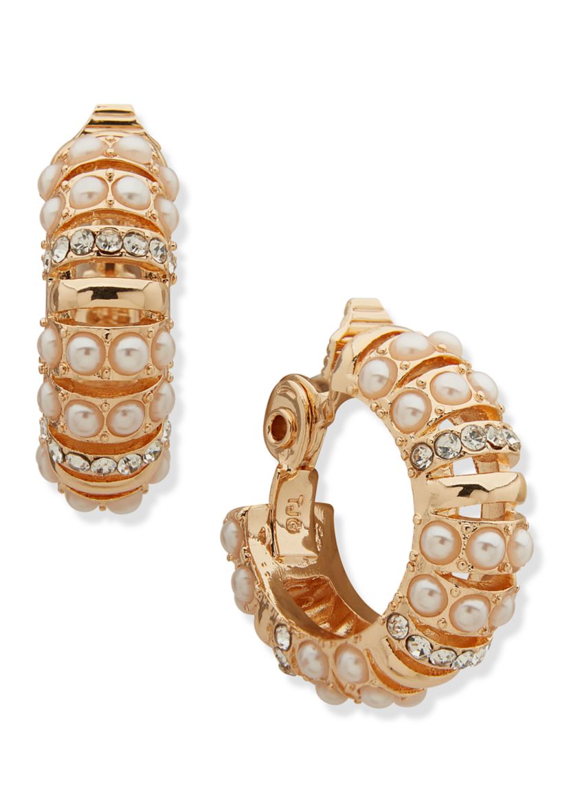 Gold Tone 28mm White Pearl Tube Hoop Earrings