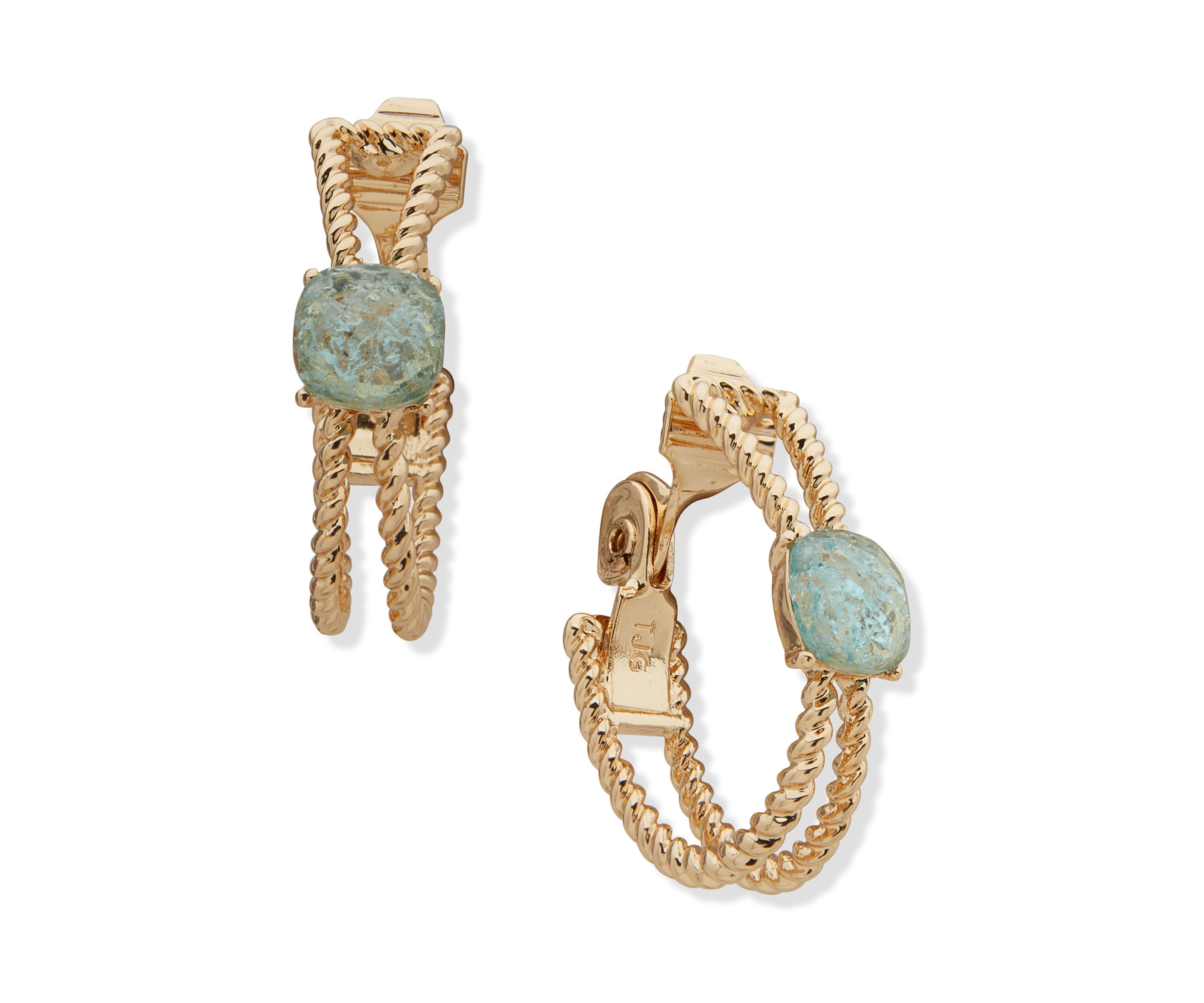 Gold Tone Blue 2 Row Twisted Hoop EZ Comfort Clip Earrings