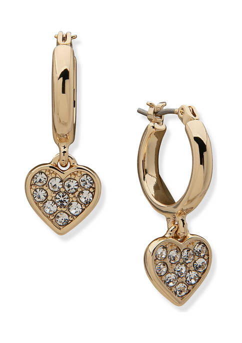 Gold Tone Crystal Hoop Heart Drop Earrings