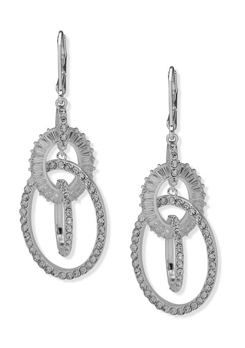 Silver Tone Crystal Pavé Baguette Orbital Oval Drop Earrings 