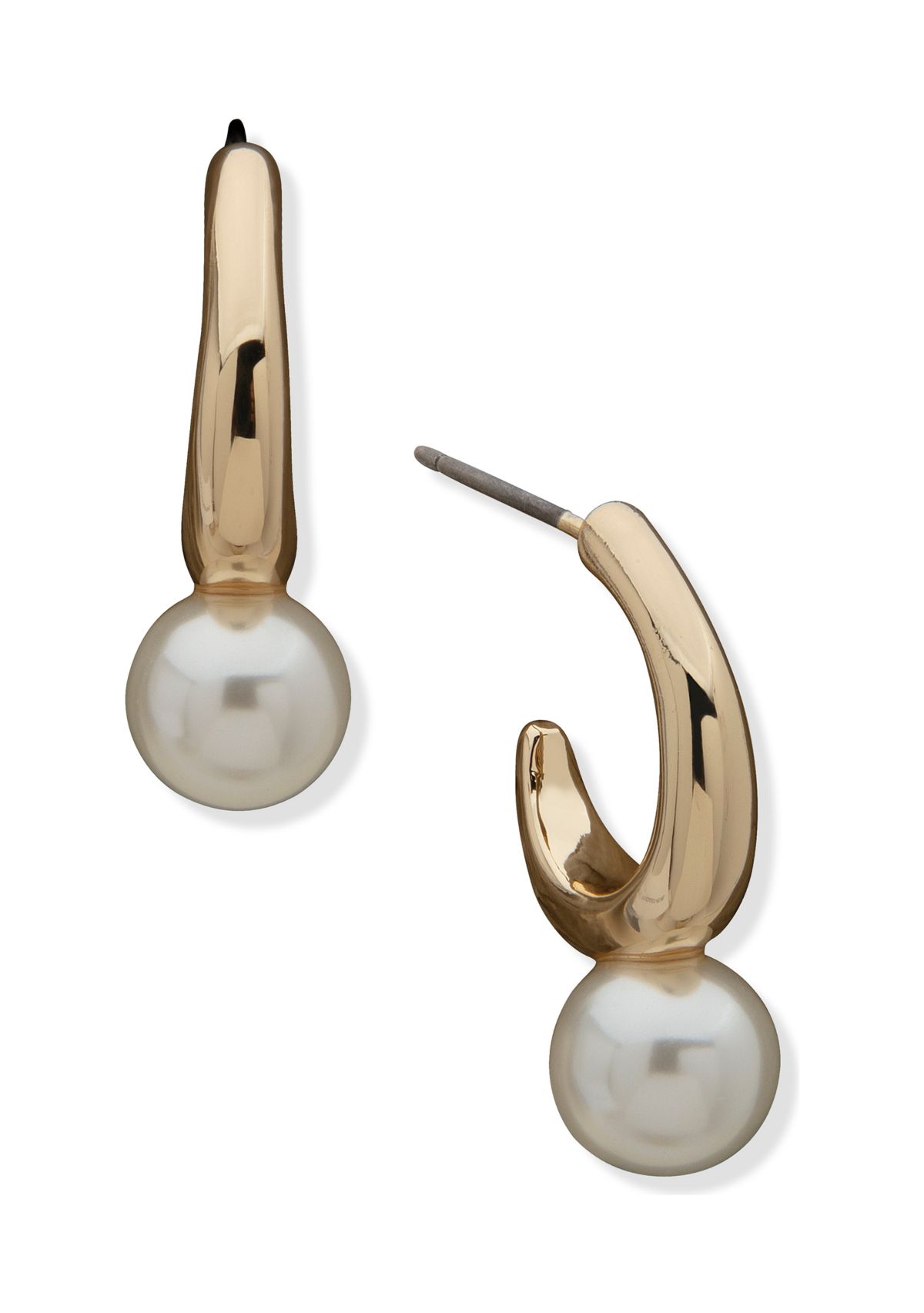 Gold Tone Small C Hoop with Pegged Pearl Earrings