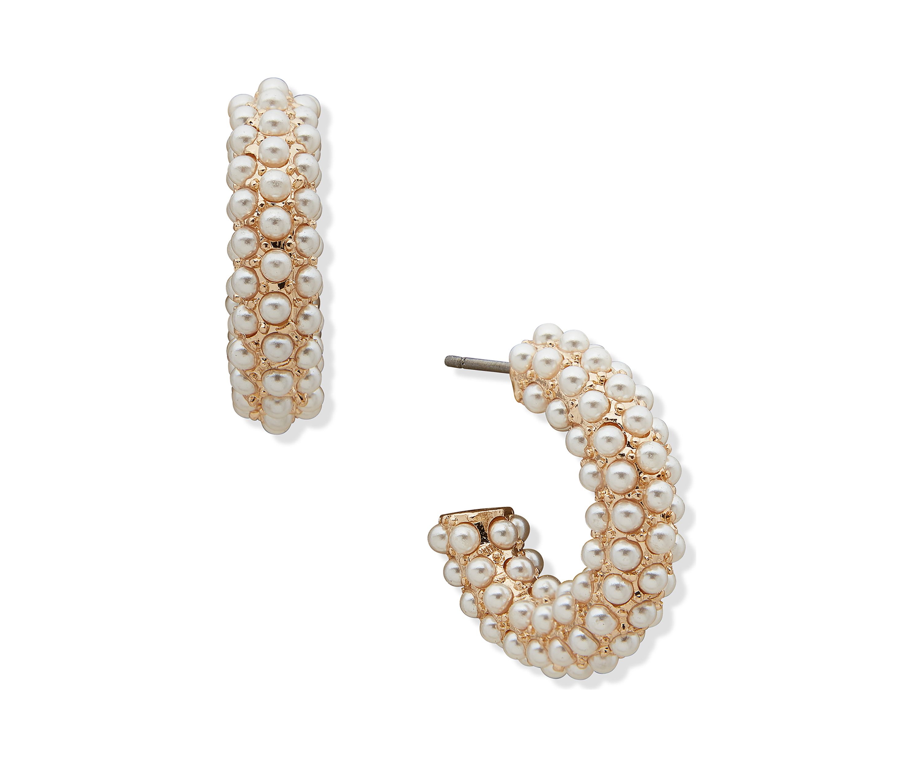 Gold Tone Pearl C Hoop Earrings