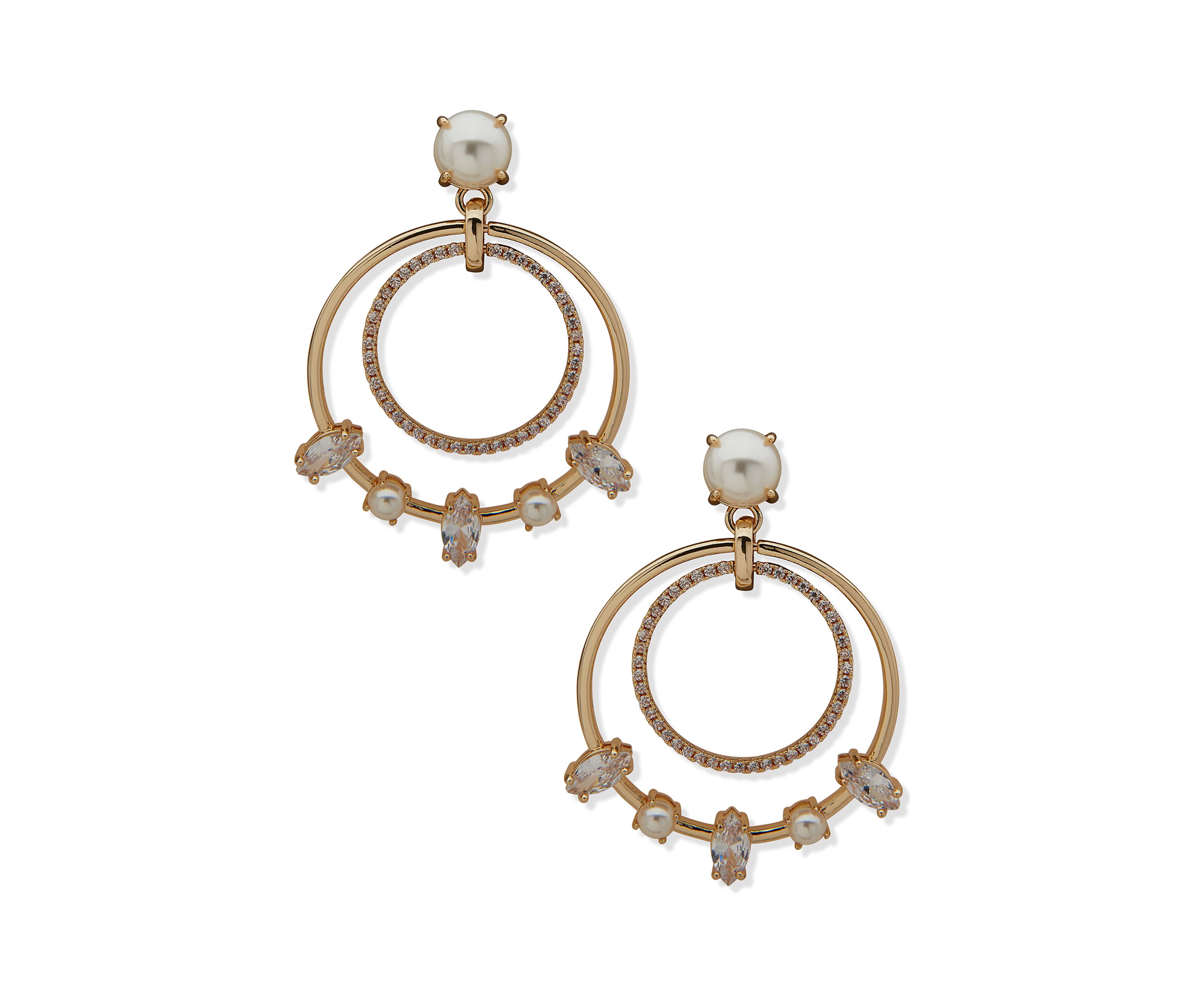 Gold Tone Pearl Stone Doorknocker Earrings