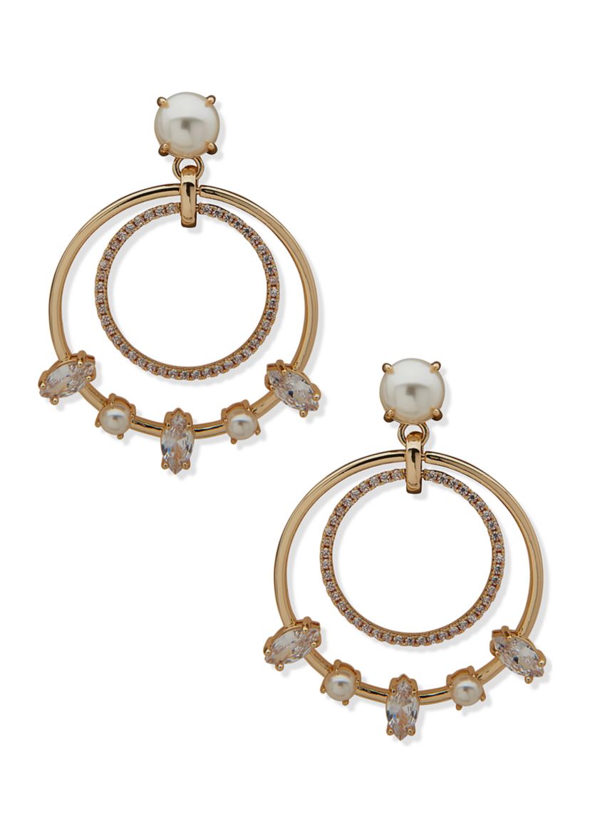 Gold Tone Pearl Stone Doorknocker Earrings