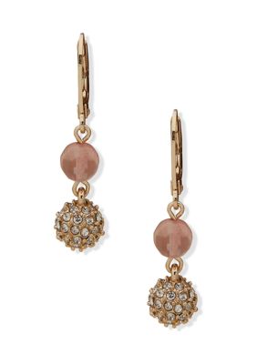 Gold Tone Cherry Quartz Lever Back Double Drop with Fireball Earrings