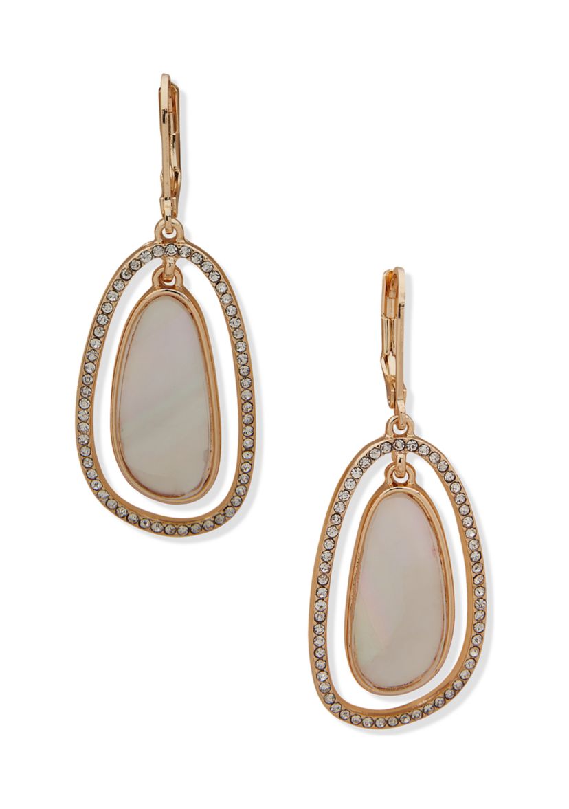 Gold Tone Mother of Pearl and Crystal Orbital Earrings