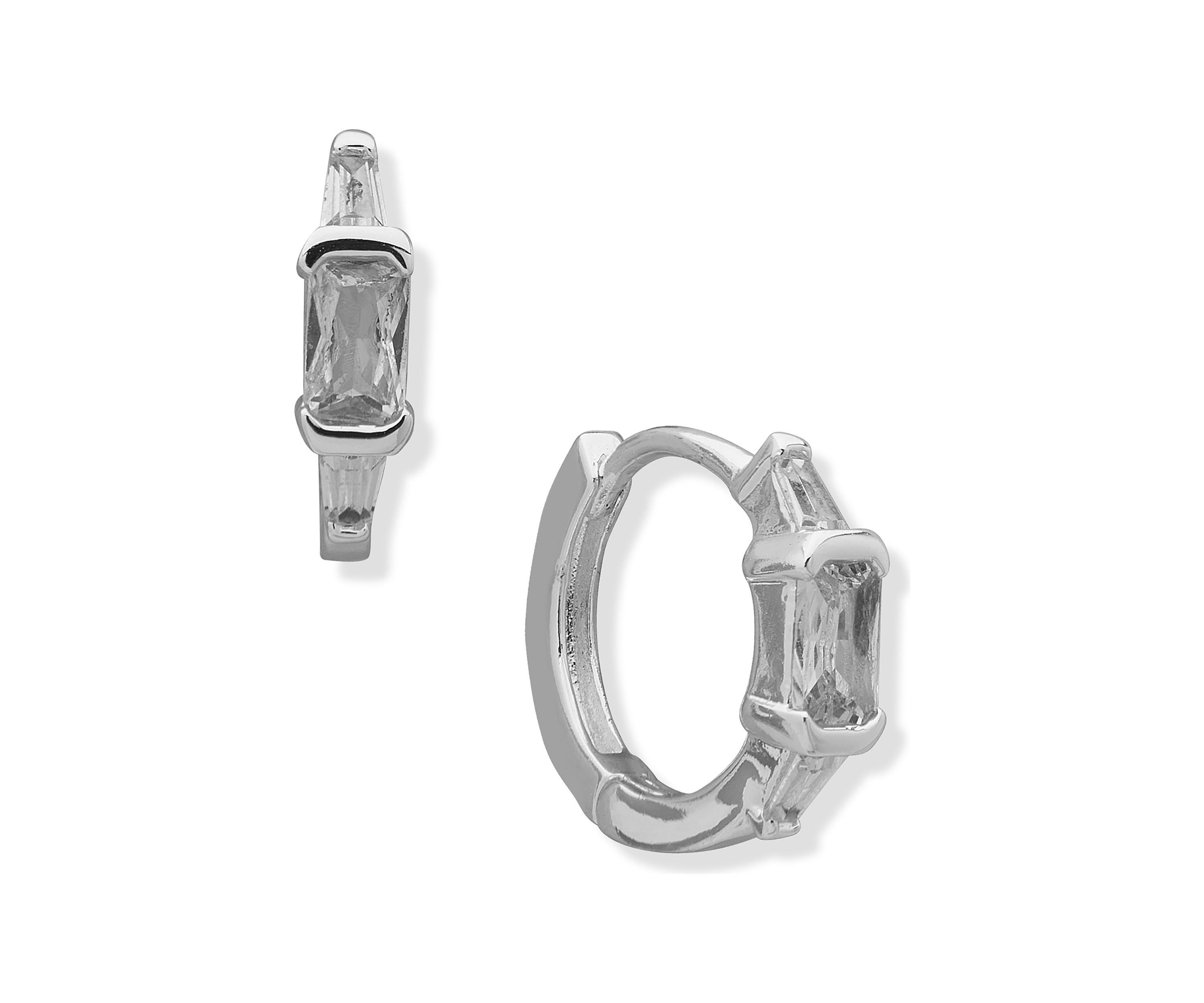 Silver Tone Cubic Zirconia Baguette Stone Huggie Earrings