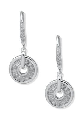 Silver Tone Cubic Zirconia Disc Drop Earrings