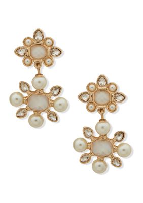 Gold Tone Crystal Stone with Pearl Drama Drop Earrings