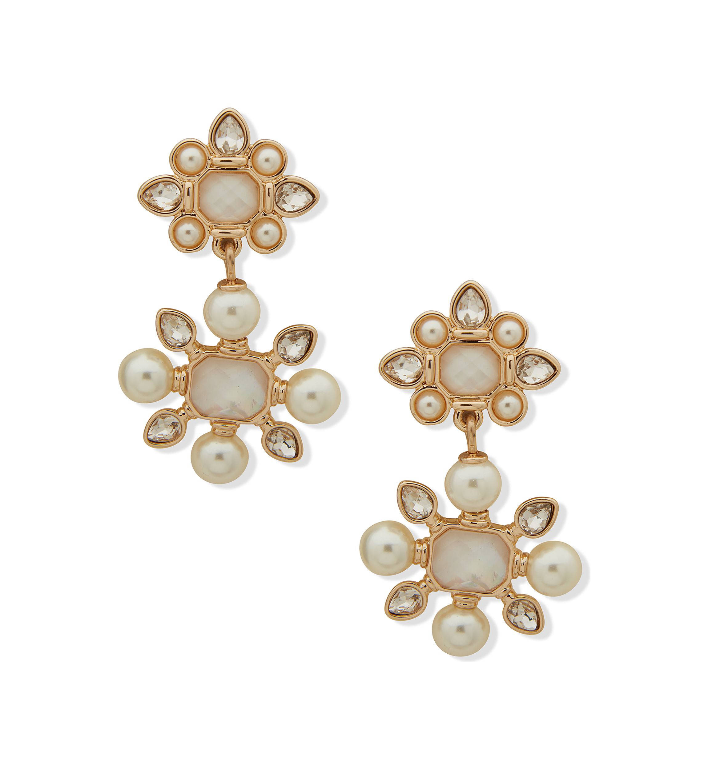 Gold Tone Crystal Stone with Pearl Drama Drop Earrings