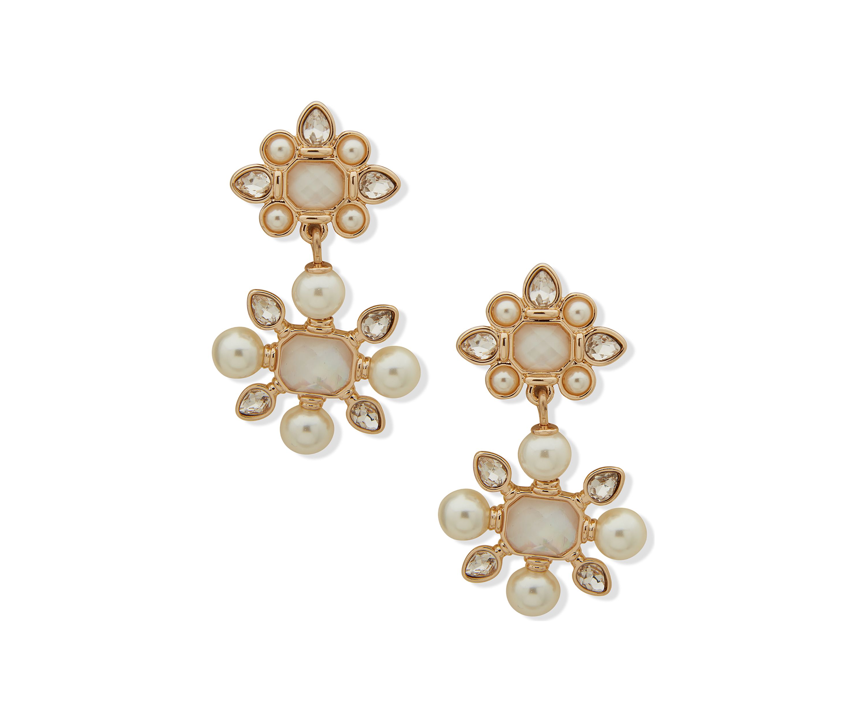 Gold Tone Crystal Stone with Pearl Drama Drop Earrings