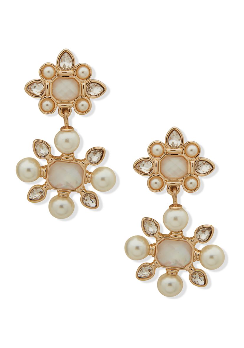 Gold Tone Crystal Stone with Pearl Drama Drop Earrings