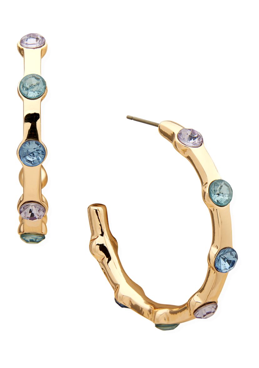 Gold Tone 37 Millimeter Multicolor Stone C Hoop Earrings