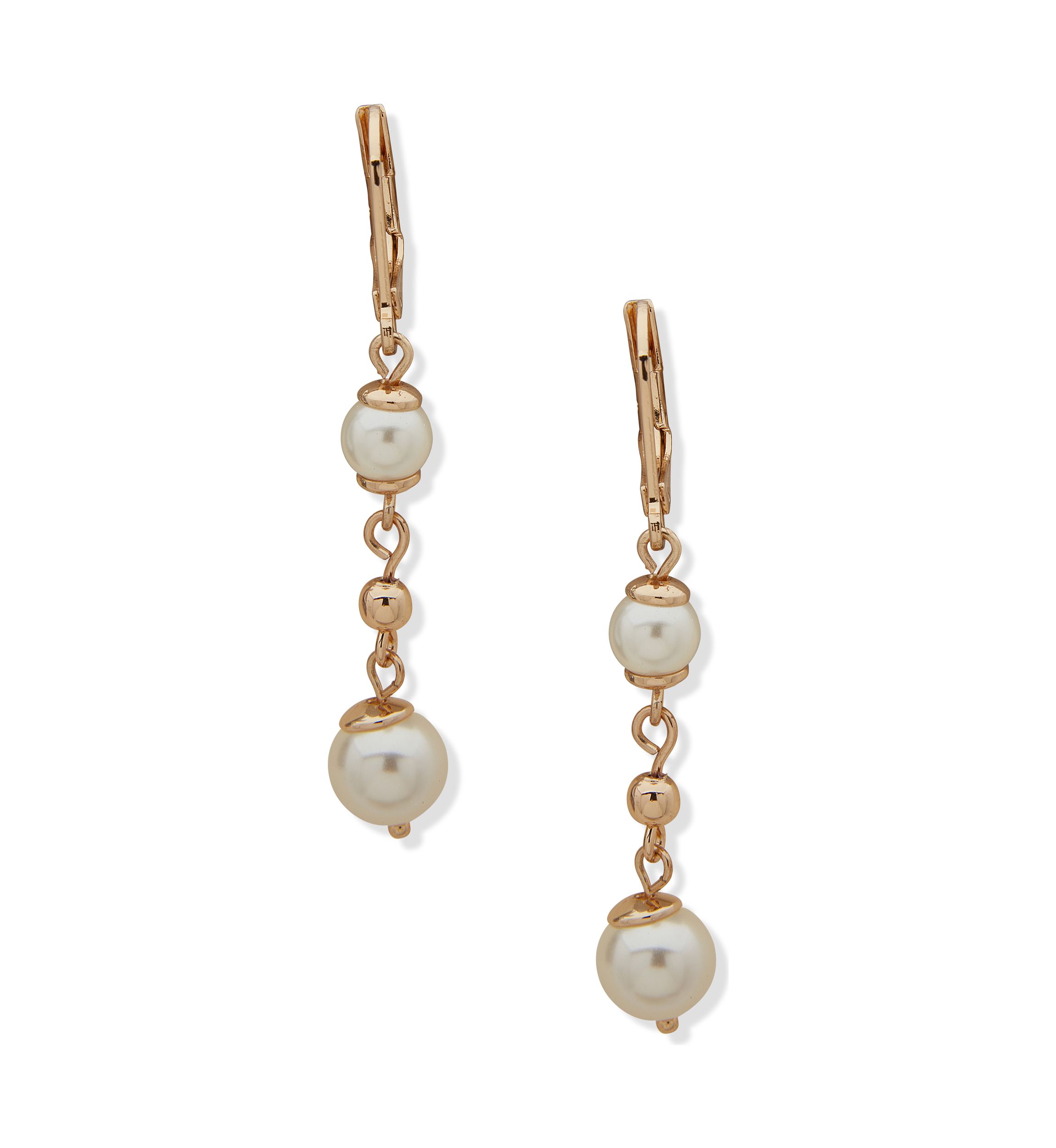 Gold Tone Pearl Bead Linear Earrings