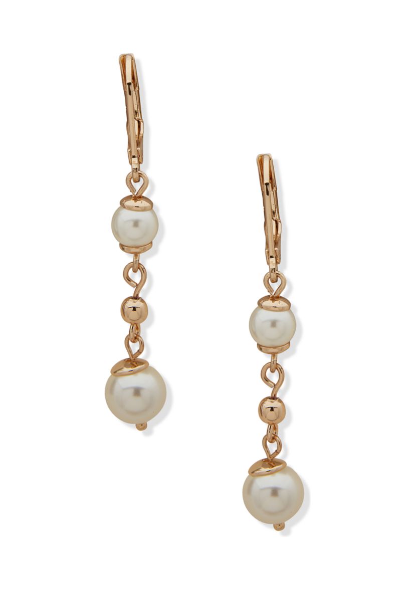Gold Tone Pearl Bead Linear Earrings