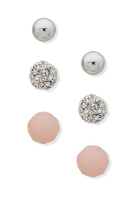 Silver Tone Set of 3 Rose Quartz and Crystal Heart Button Studs Earrings