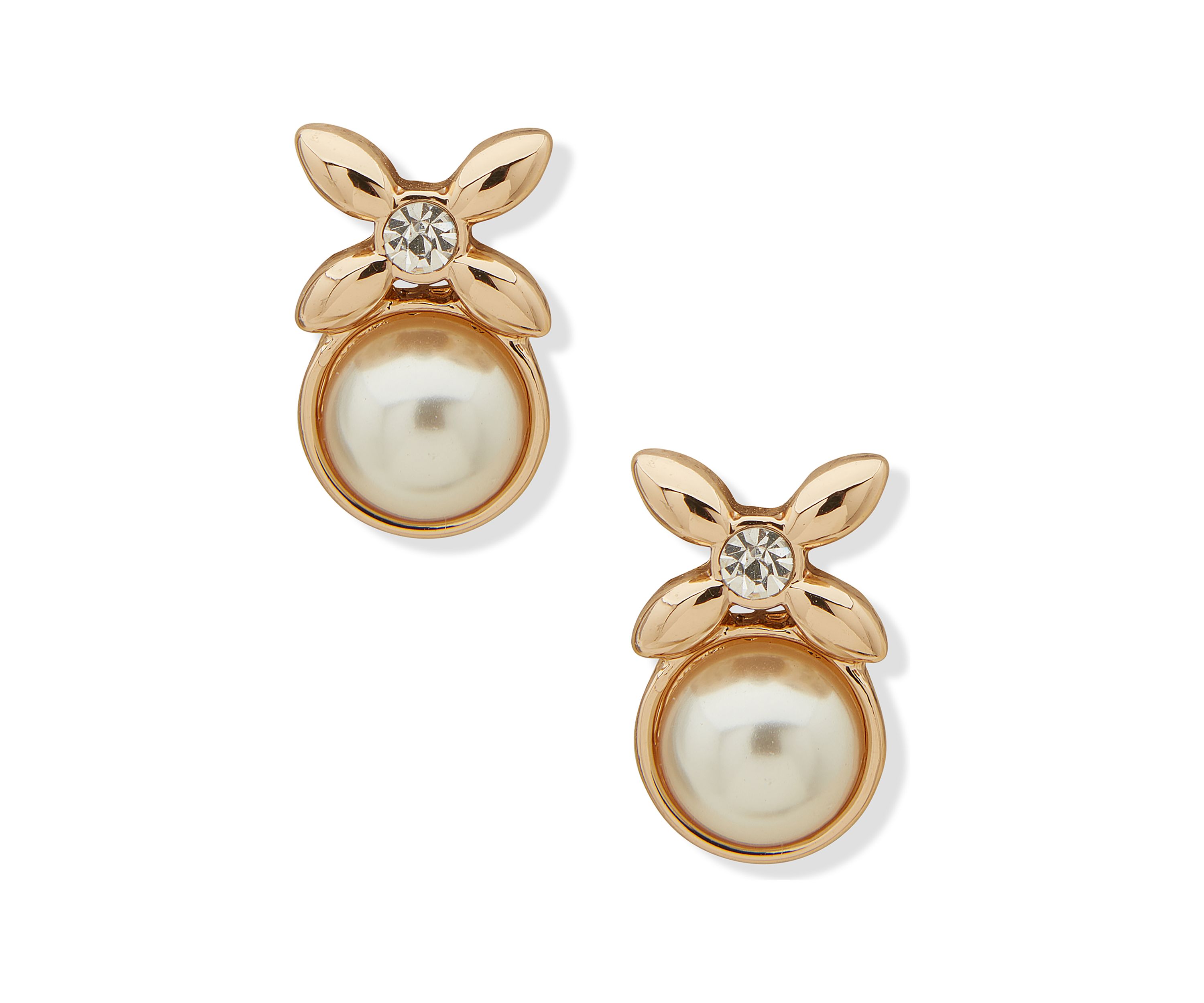 Gold Tone Crystal Button with Pearl Drop Earrings