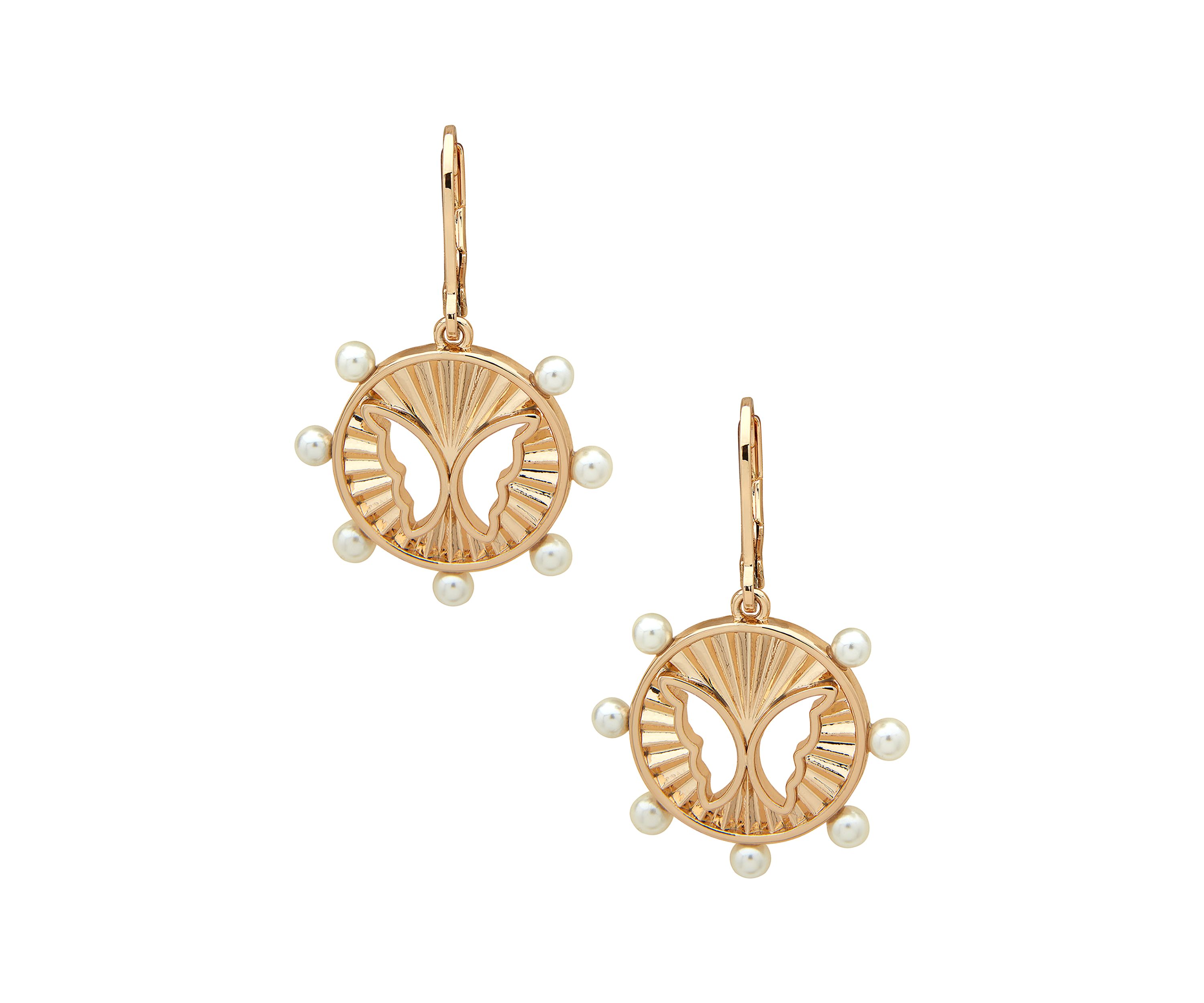 Gold Tone Pearl Butterfly Motif Drop Earrings