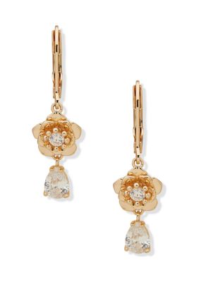 Gold Tone Crystal Flower with Stone Drop Earrings