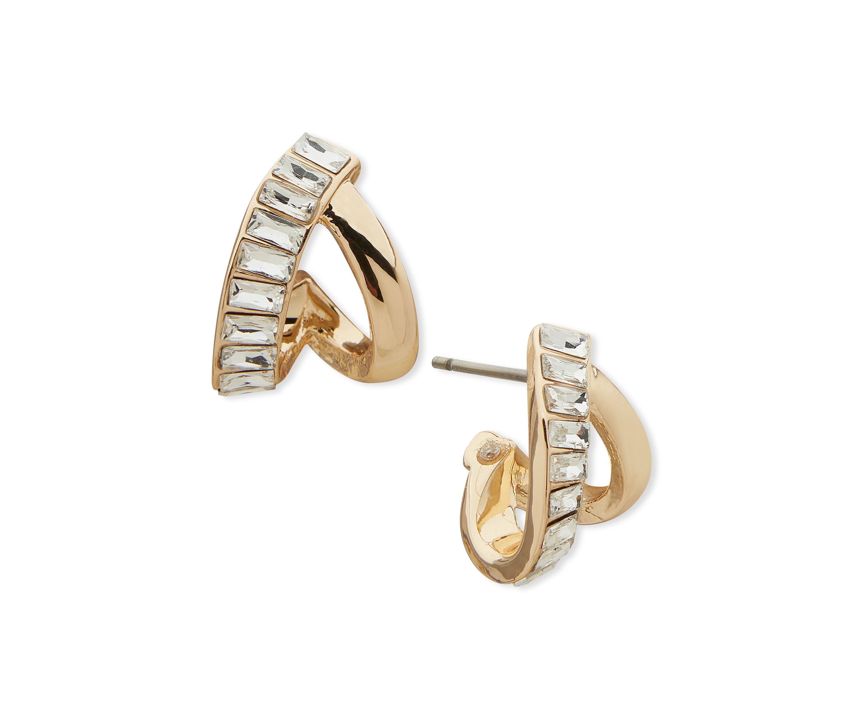 Gold Tone Crystal Button Baguette Stone Earrings