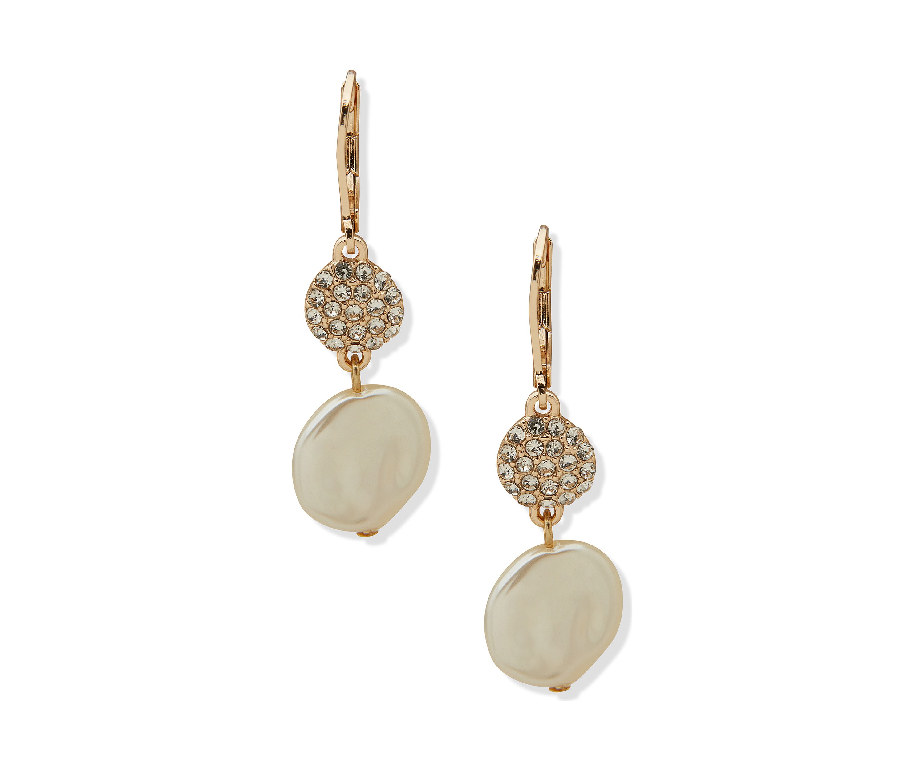 Gold Tone Crystal and Pearl Double Drop Earrings