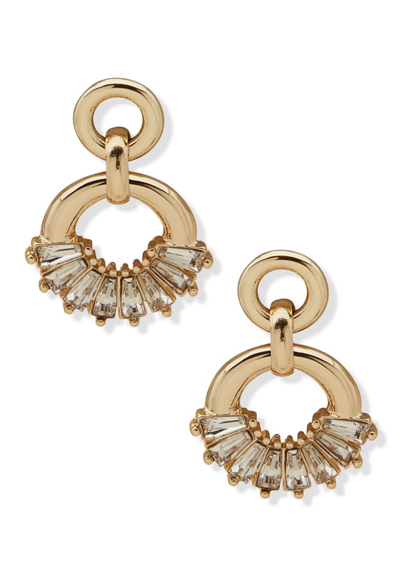 Gold Tone Crystal Post Linked Drop Earrings