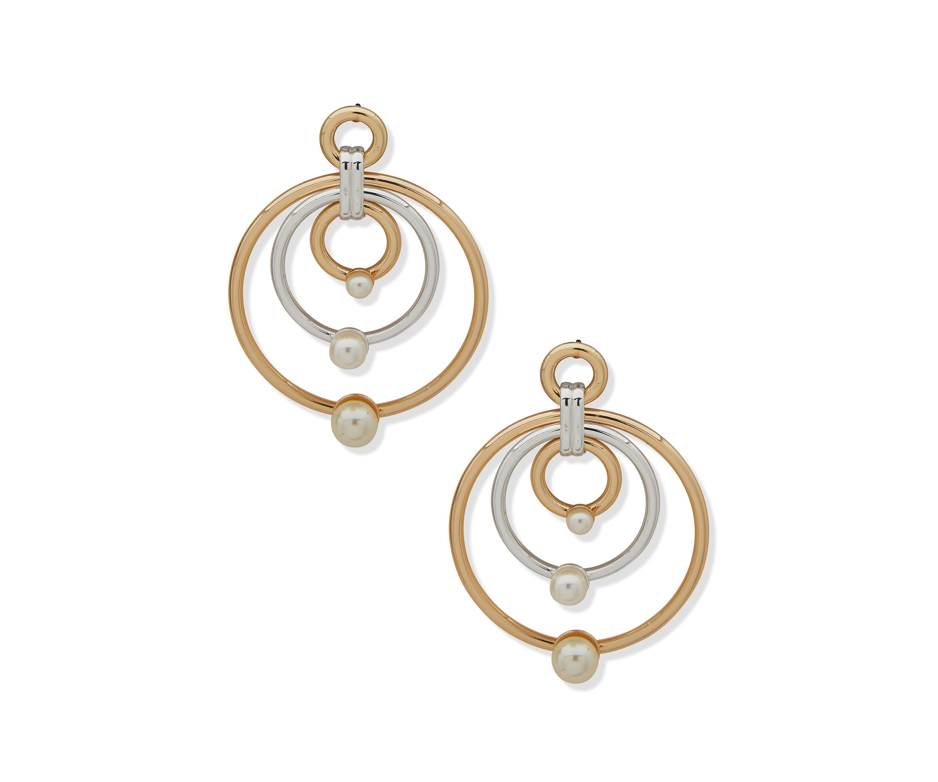 Gold Tone Pearl Post Multi Row Drop Earrings