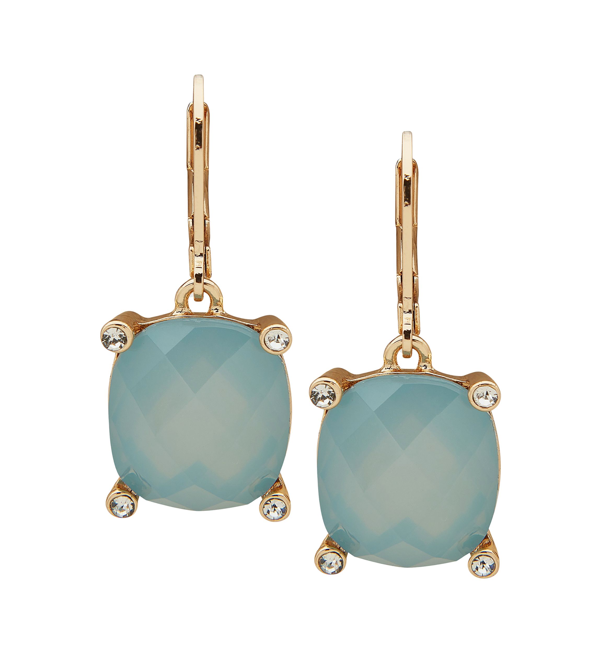 Gold Tone Blue Opal and Crystal Stone Drop Earrings