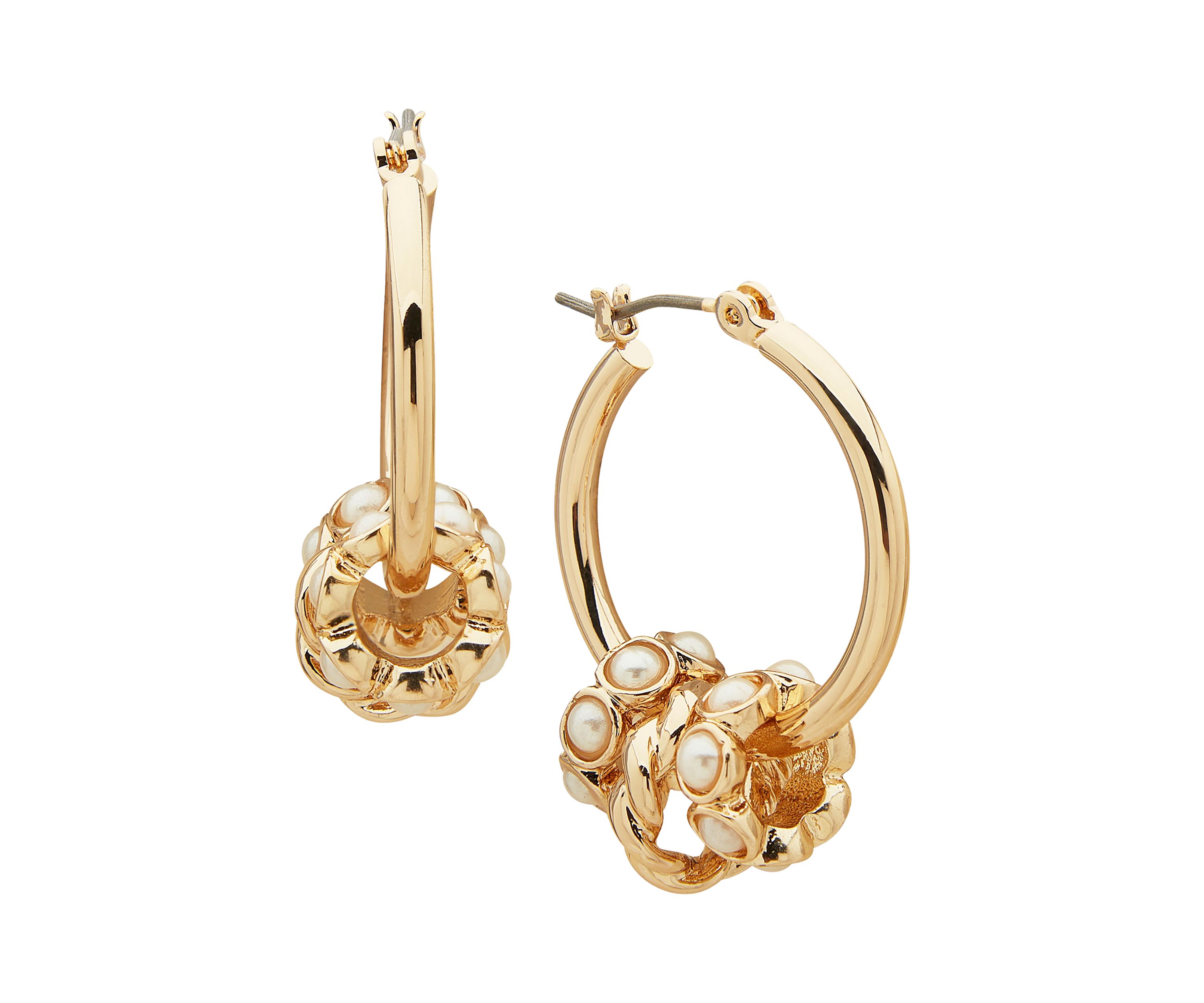 Gold Tone 28 Millimeter Pearl Click It Hoop with Rondell Charms Earrings