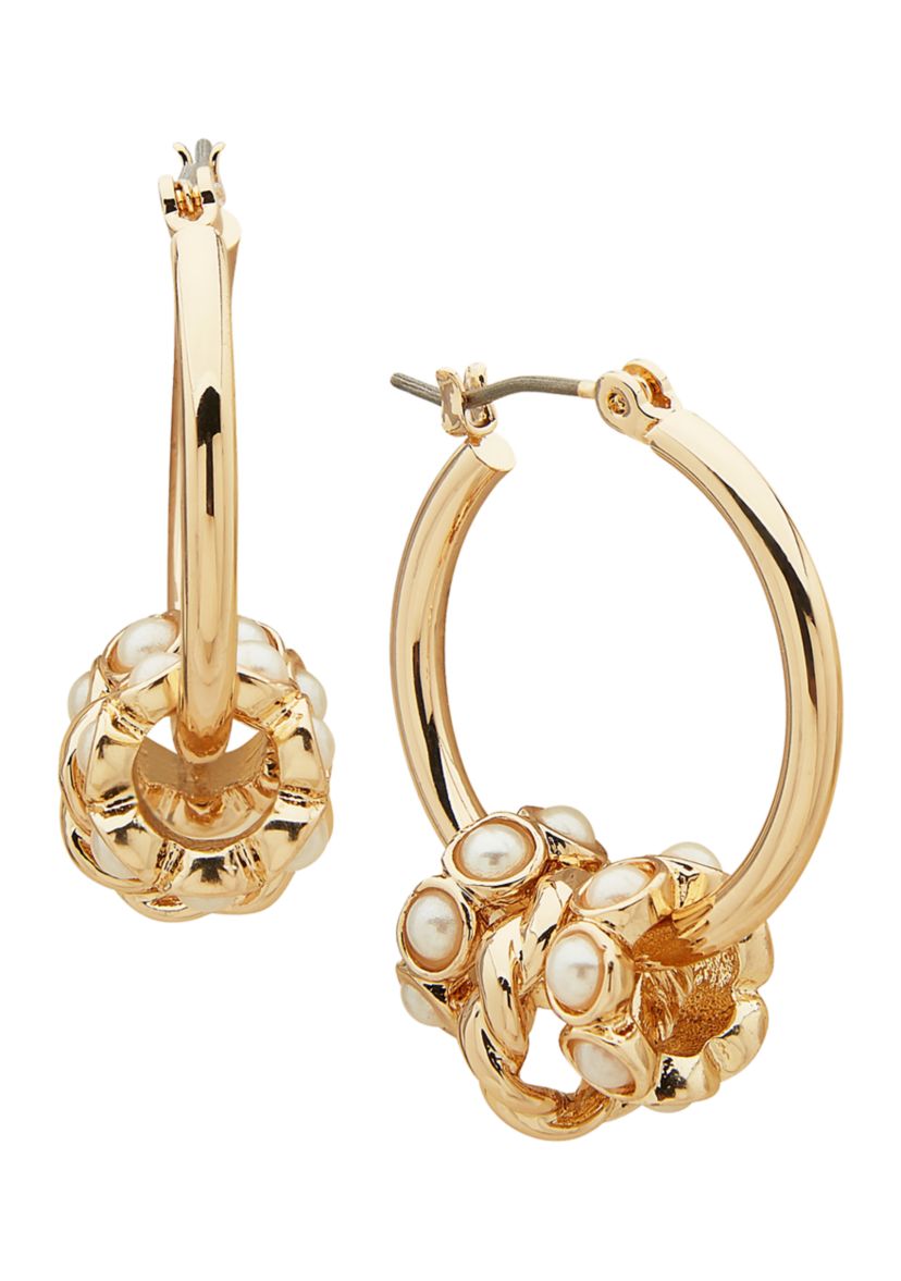 Gold Tone 28 Millimeter Pearl Click It Hoop with Rondell Charms Earrings