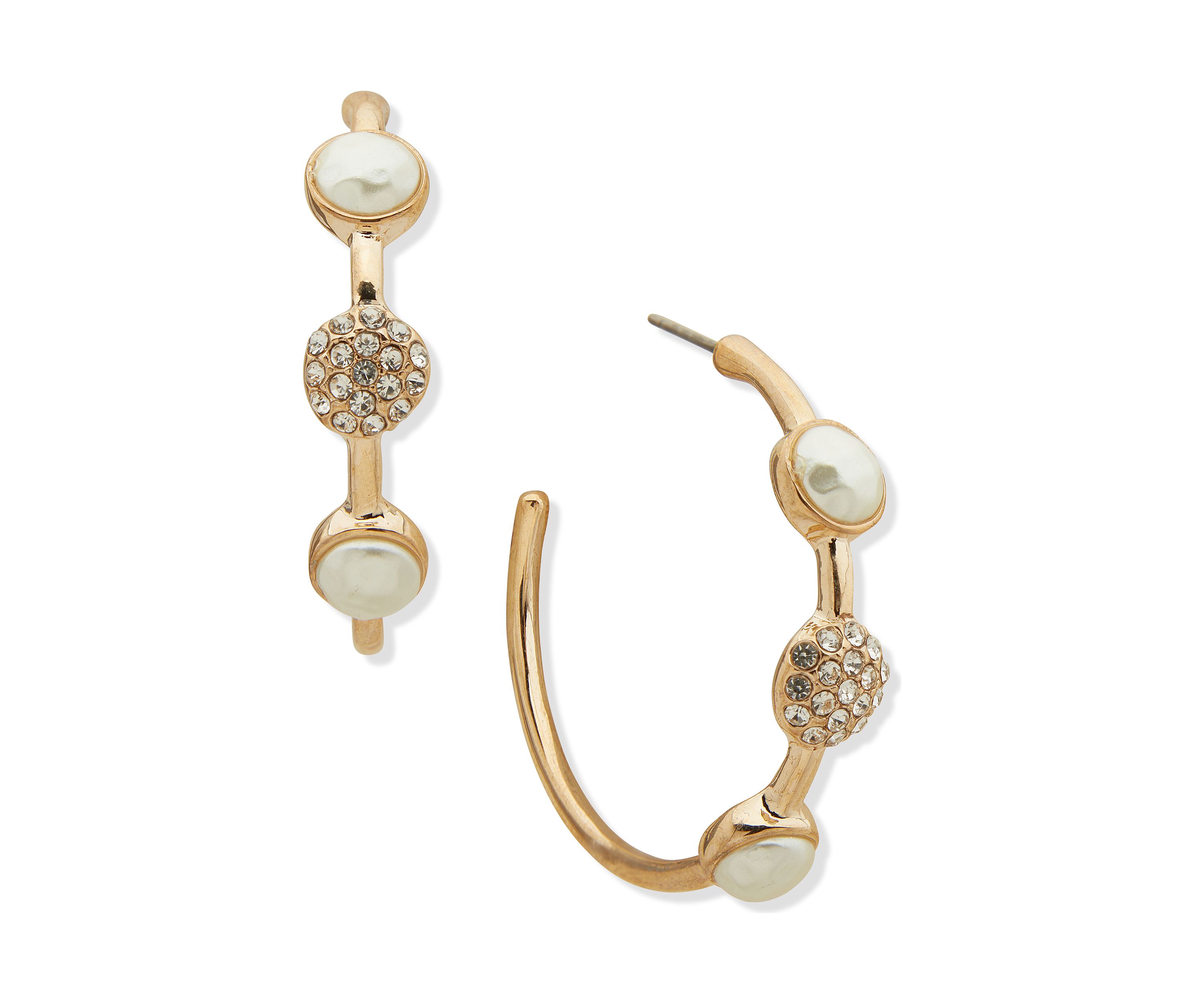 Gold Tone 36 Millimeter Crystal and Pearl C Hoop Earrings