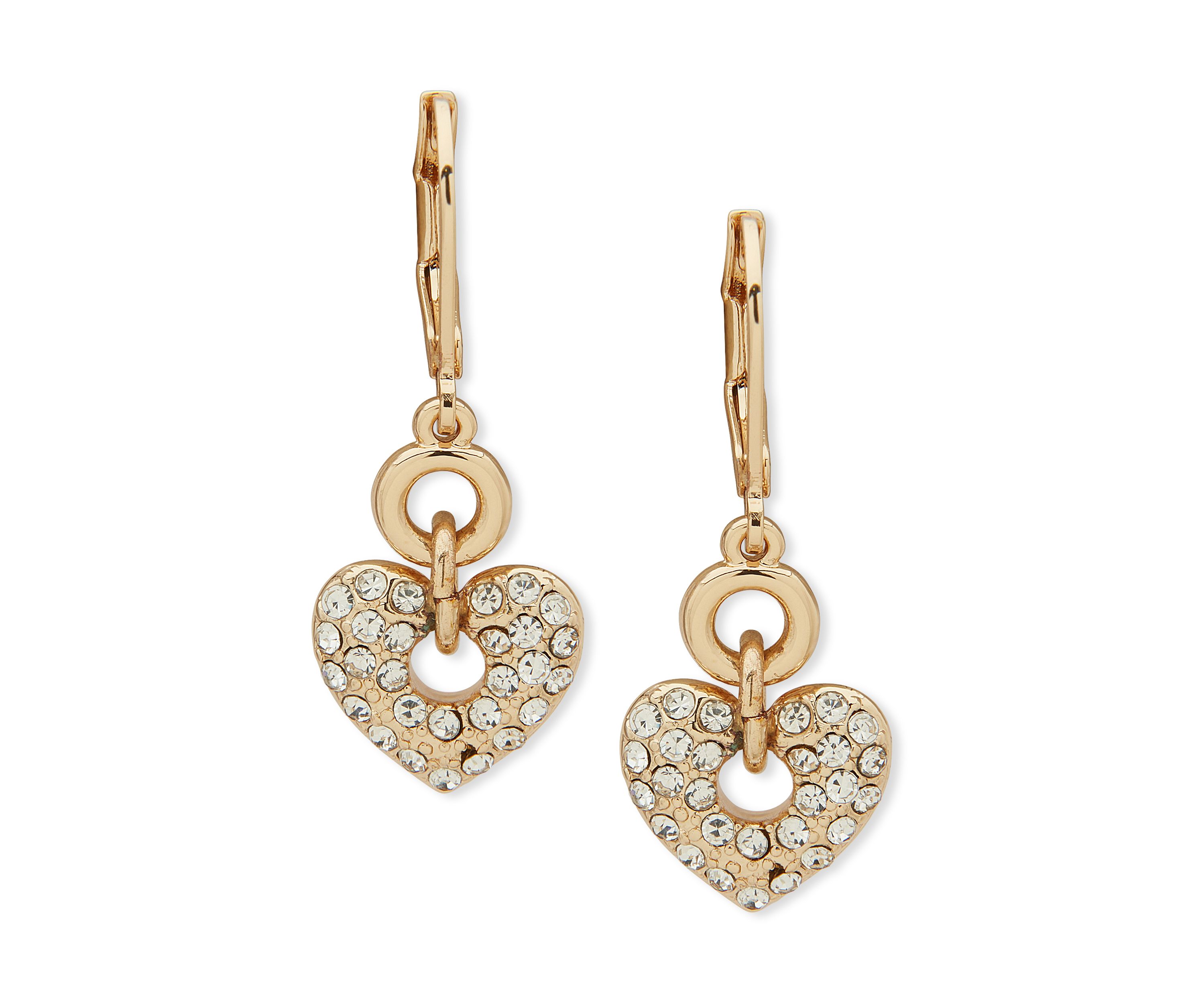 Gold Tone Crystal Heart Double Drop Earrings