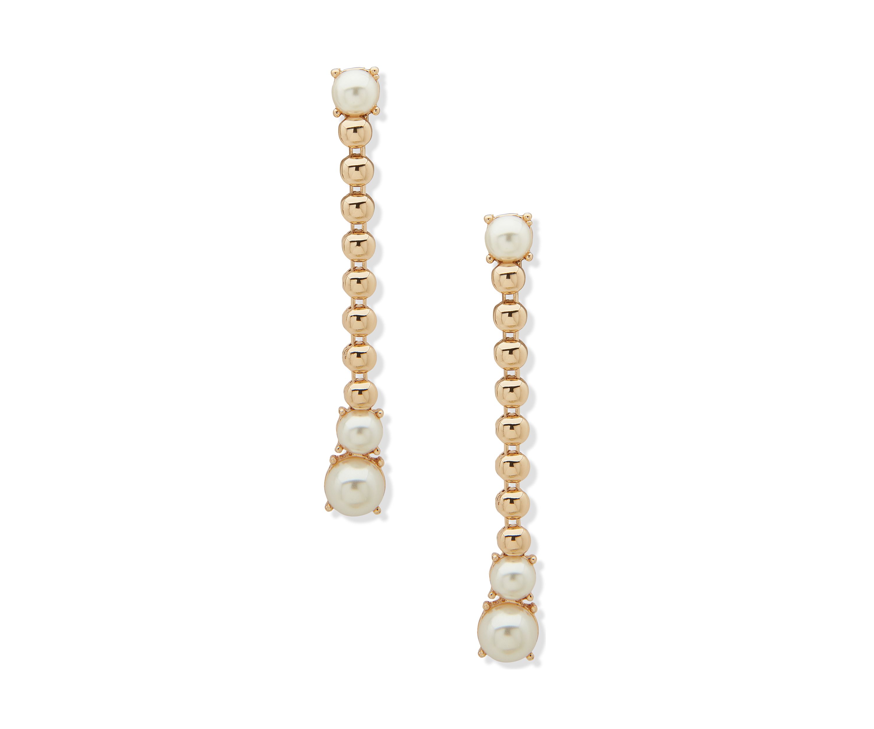 Gold Tone Pearl Dome Chain Linear Earrings