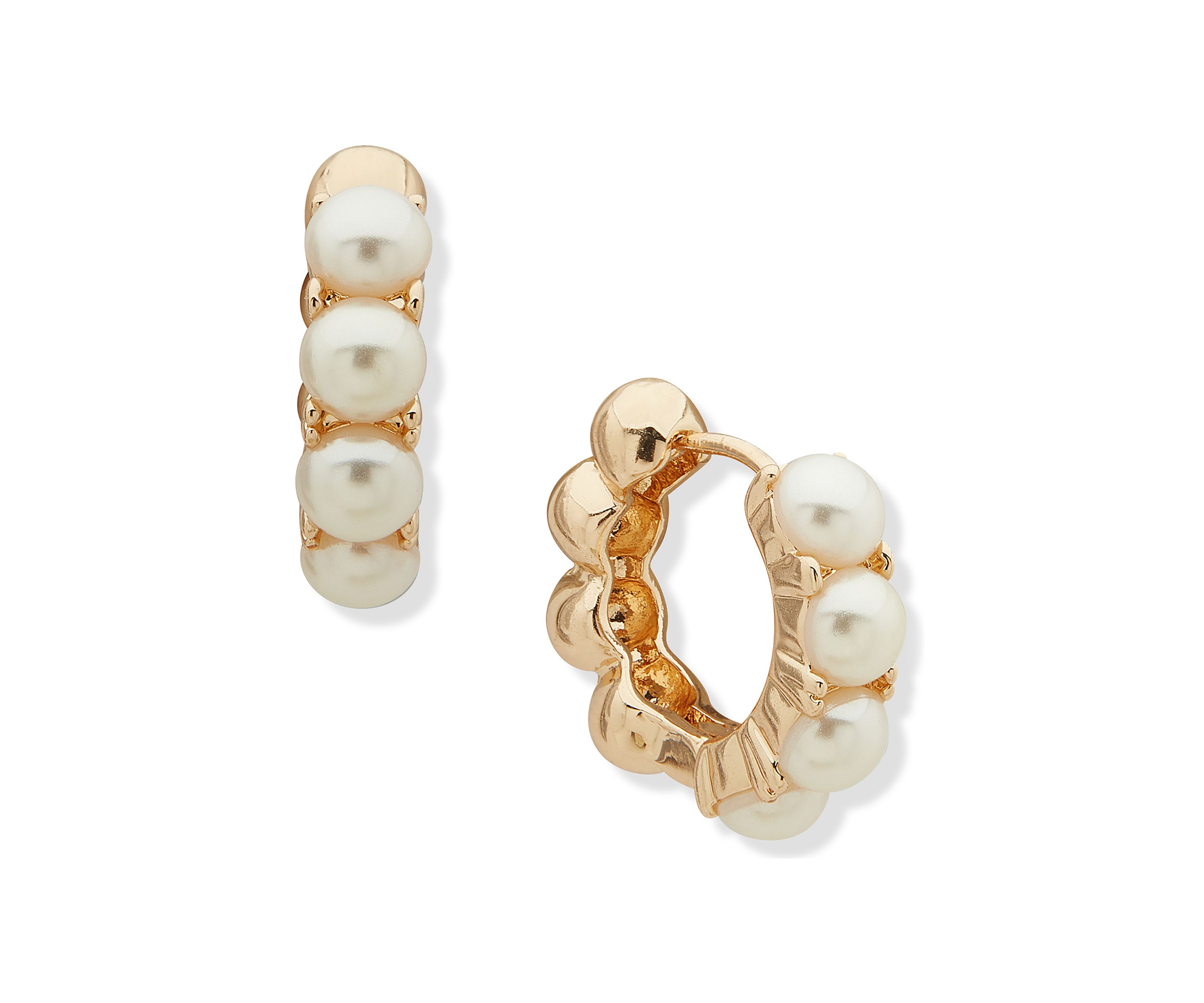 Gold Tone Pearl Dome Huggie Hoop Earrings