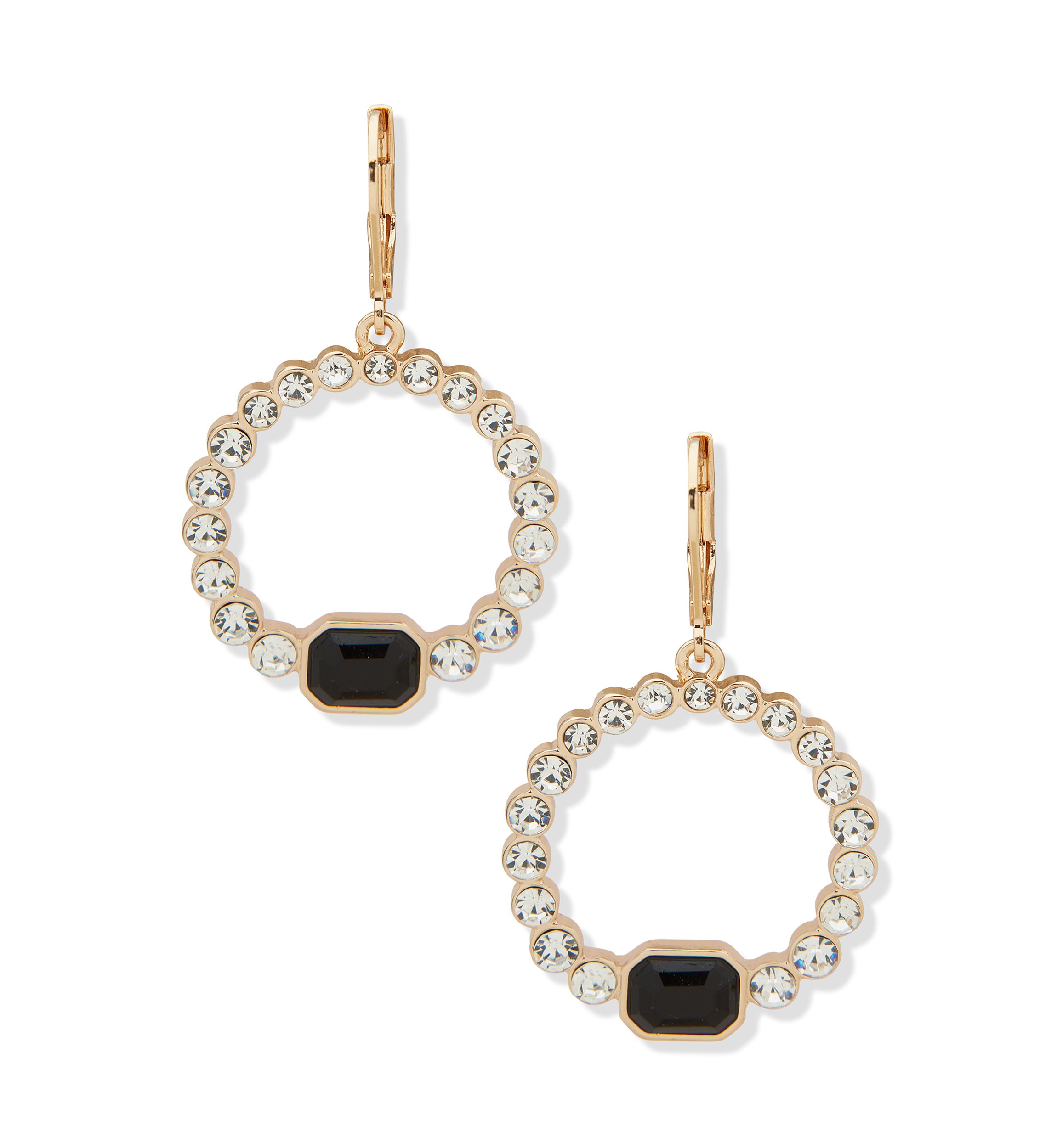 Gold Tone Jet Black Crystal Round Drop Earrings