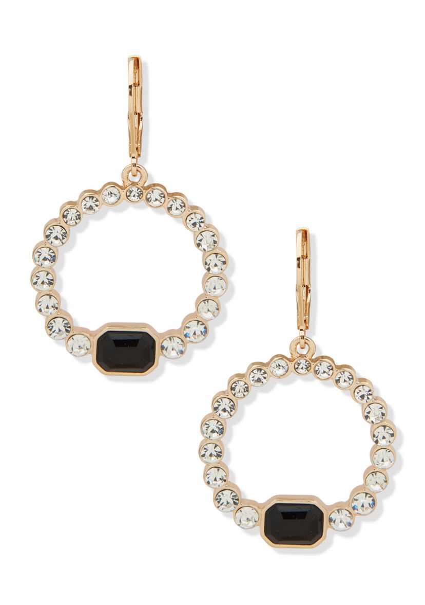 Gold Tone Jet Black Crystal Round Drop Earrings