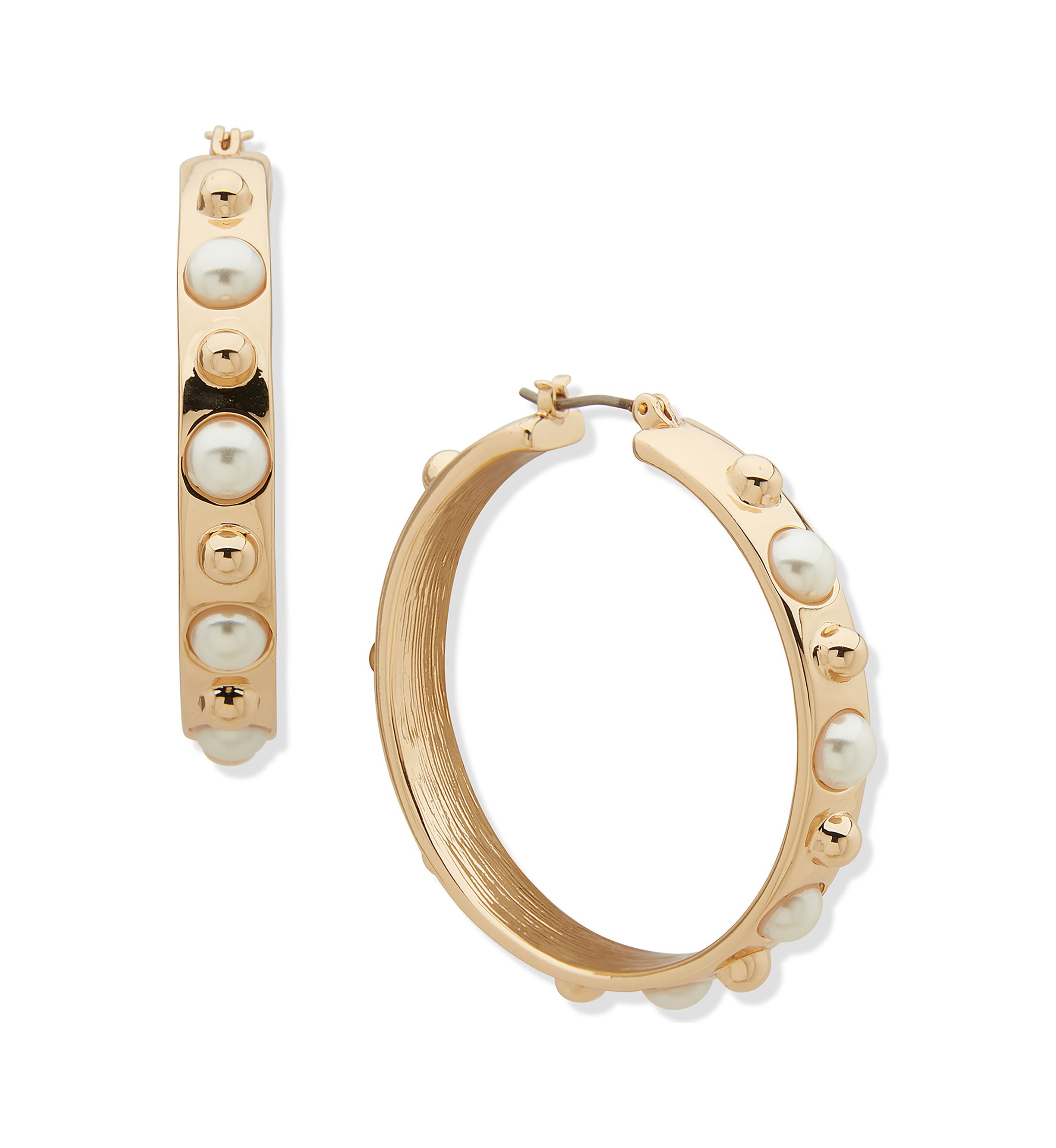 Gold Tone Pearl Metal Hoop Earrings