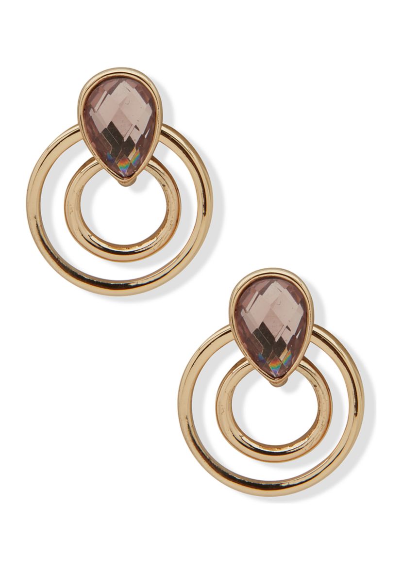 Gold Tone Light Amethyst Multi Row Button Earrings