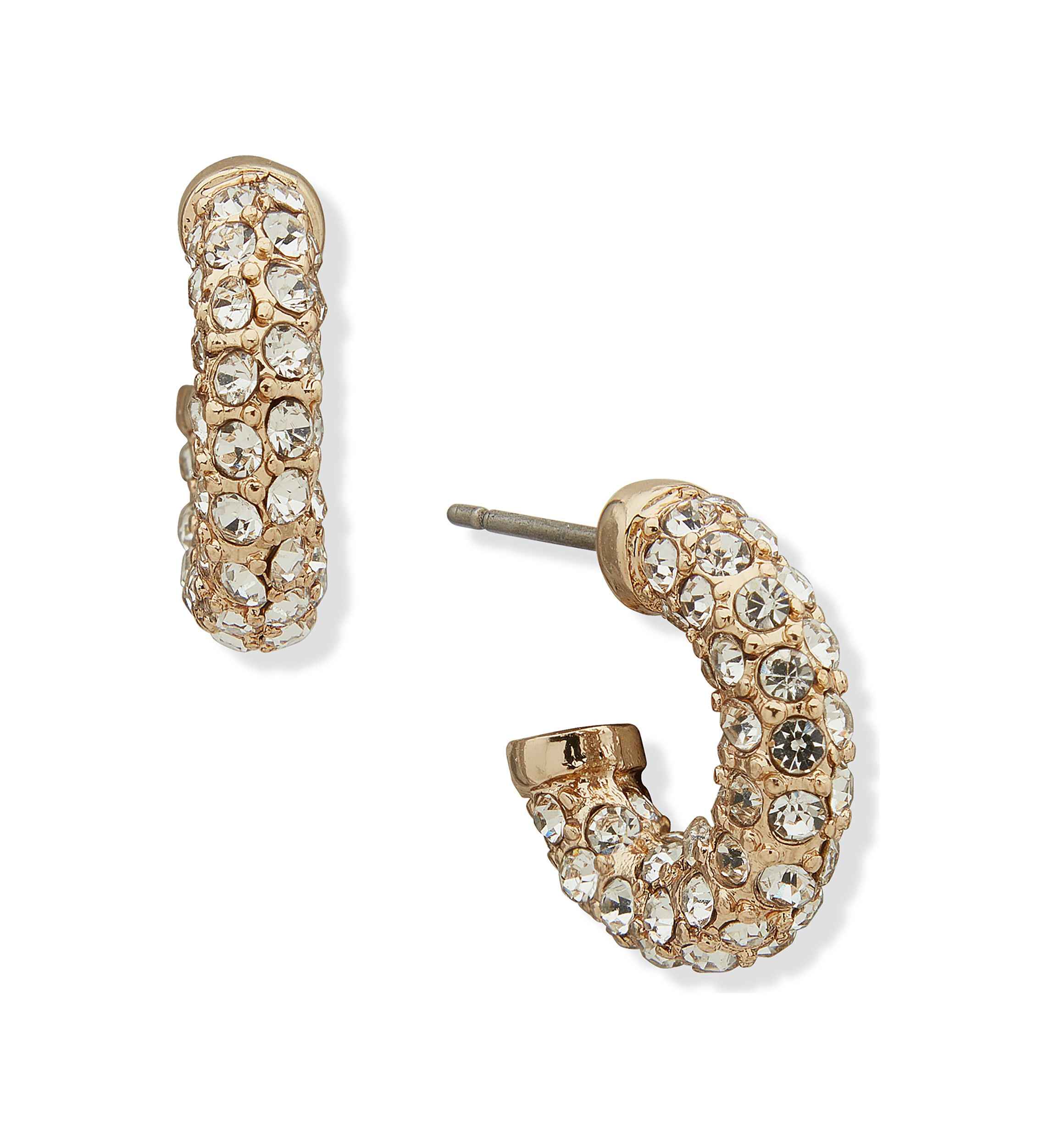 Gold Tone Pearl Crystal Huggie C Hoop Earrings